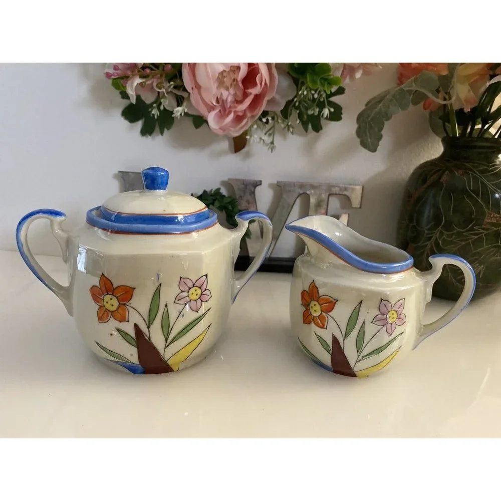 1950's Vintage Japanese Porcelain Lusterware 2 Piece Tea Set Floral Design Great